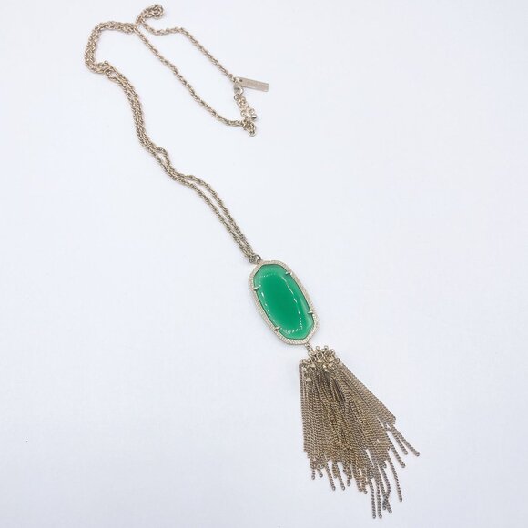 Kendra Scott Long Gold Chain Necklace With Green Oval Pendant & Tassel - Picture 1 of 6